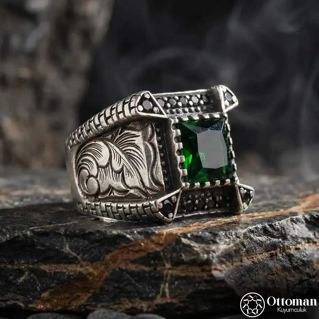 Green Zircon Silver Men's Ring