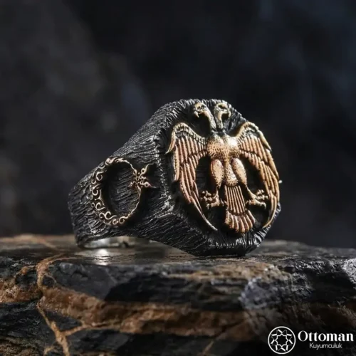 Sade Tasarım Çift Başlı Kartal Gümüş Erkek Yüzük