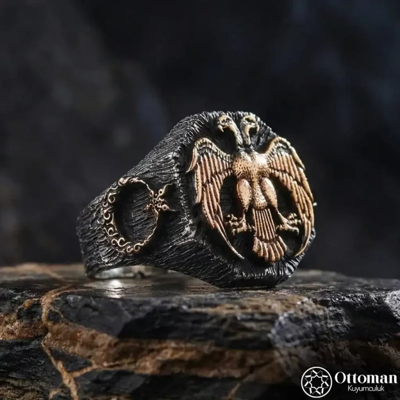 Sade Tasarım Çift Başlı Kartal Gümüş Erkek Yüzük