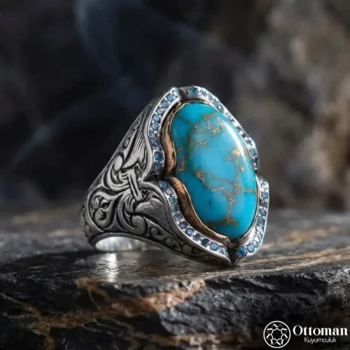 Özel Tasarım Firuze Taşlı Gümüş Erkek Yüzük
