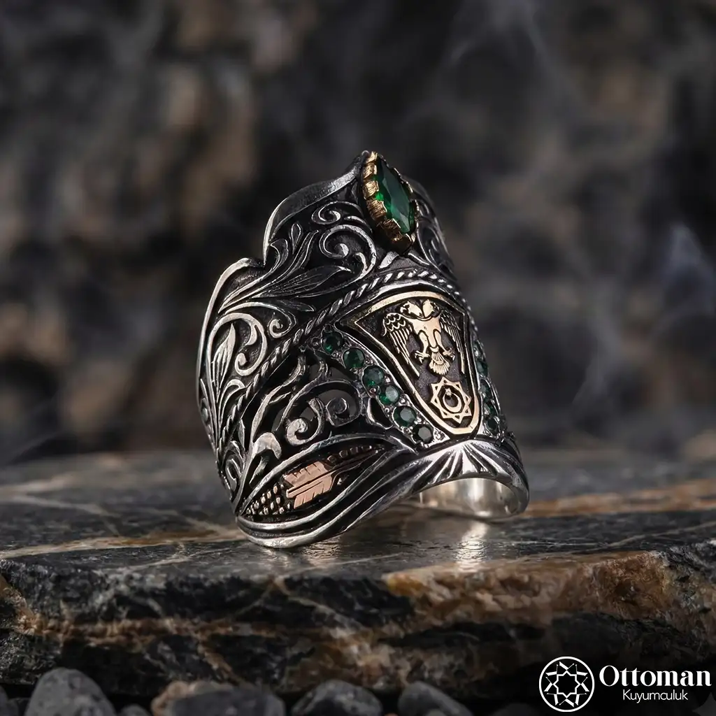 Double-Headed Eagle Archer Ring Silver Men's Ring