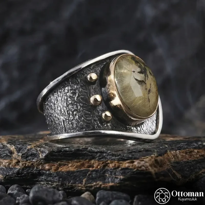 2 Golden Rutil Kuvars Taşlı Gümüş Kadın Yüzük