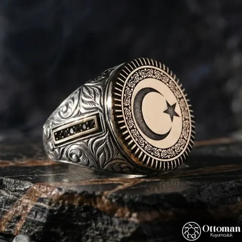 Ay Yıldız Yuvarlak Gravürlü Gümüş Erkek Yüzük