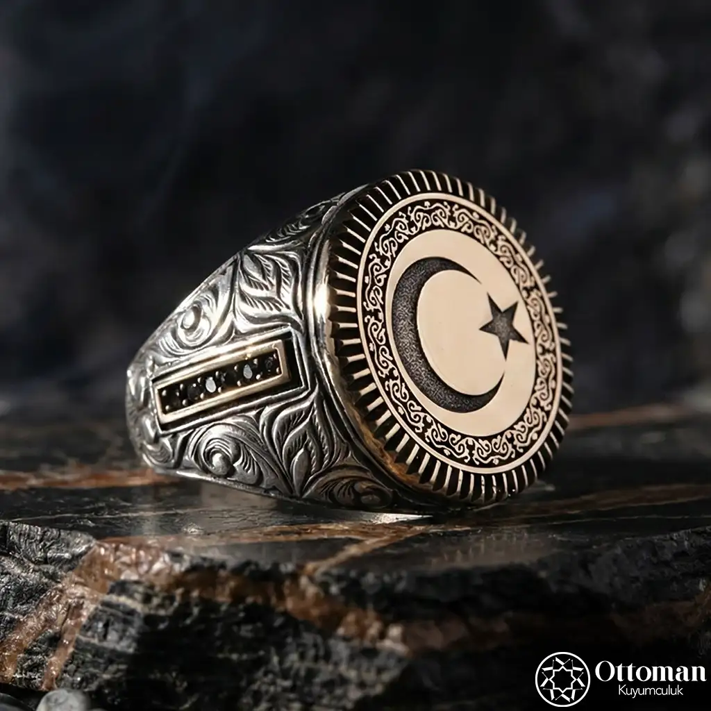 Star and Crescent Round Engraved Silver Men's Ring