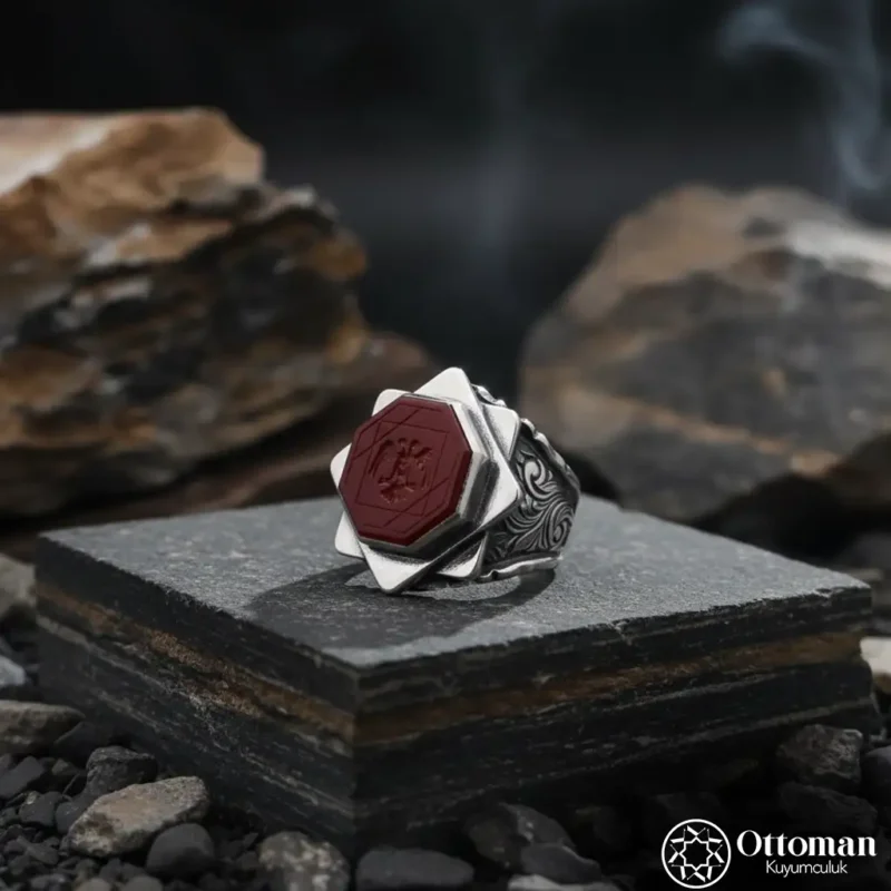 Akik Taşlı Çift Başlı Kartal Gümüş Erkek Yüzük