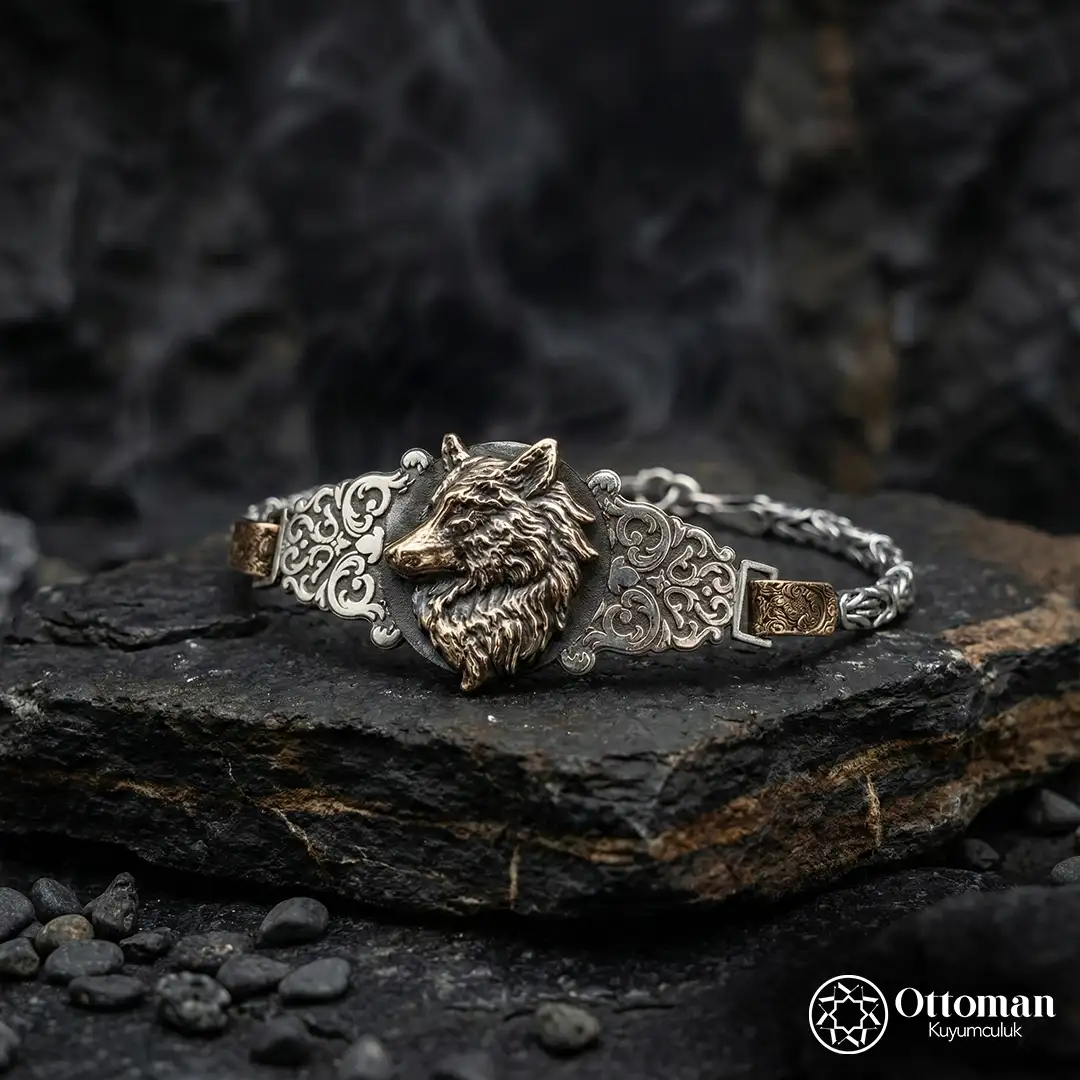 Wolf-Figured Silver Men's Bracelet