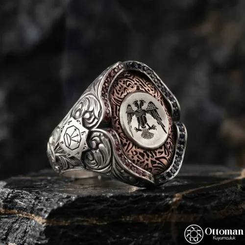 Desenli Çift Başlı Kartal Gümüş Erkek Yüzük