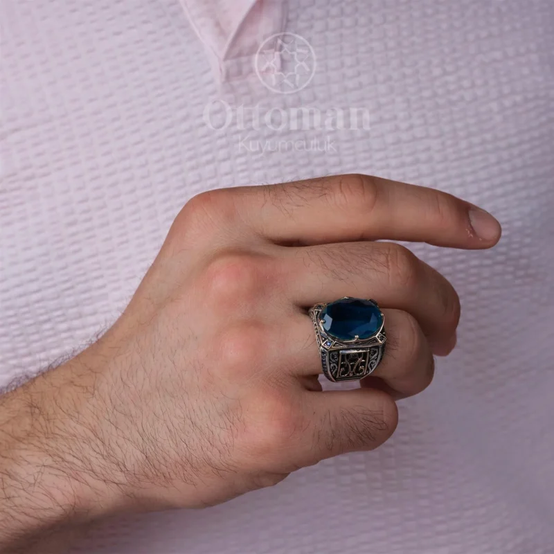 Özel Tasarım Paraiba Taşlı Gümüş Erkek Yüzük