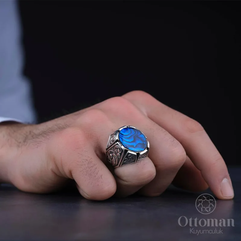 Deniz Sedefi Taşlı Gümüş Erkek Yüzük