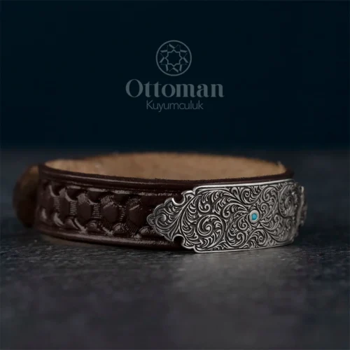 deri-bileklik-e7-861 Deri Detaylı Gümüş Erkek Bileklik