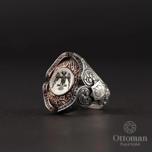 Desenli Çift Başlı Kartal Gümüş Erkek Yüzük