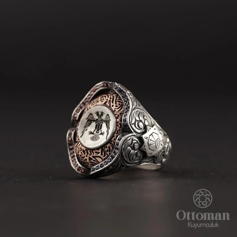 Desenli Çift Başlı Kartal Gümüş Erkek Yüzük