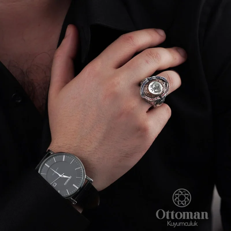 Desenli Çift Başlı Kartal Gümüş Erkek Yüzük