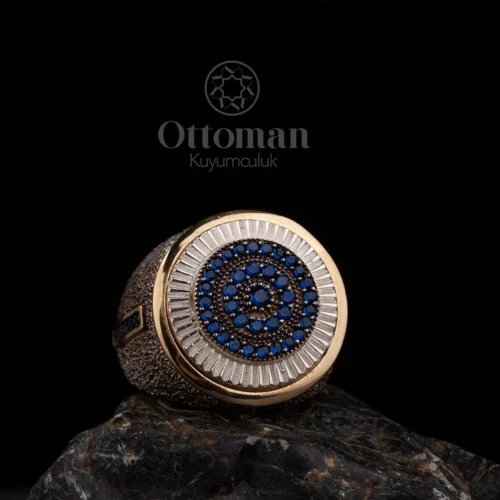 Dokulu Mavi Taşlı Gümüş Erkek Yüzük