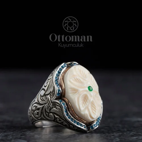 El İşi Fil Dişi Detaylı Gümüş Erkek Yüzük