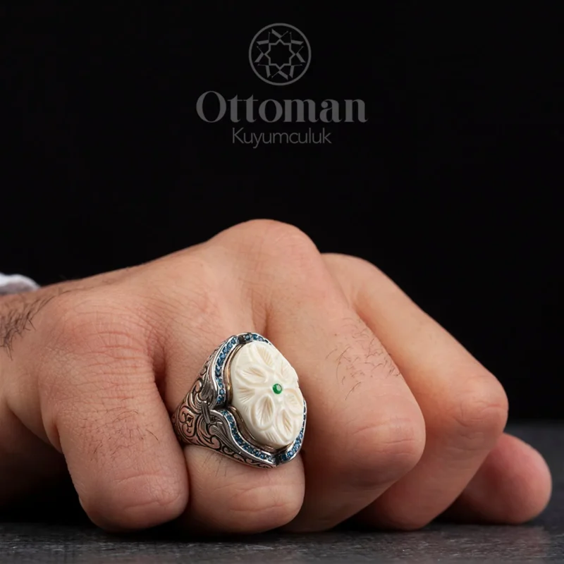 El İşi Fil Dişi Detaylı Gümüş Erkek Yüzük