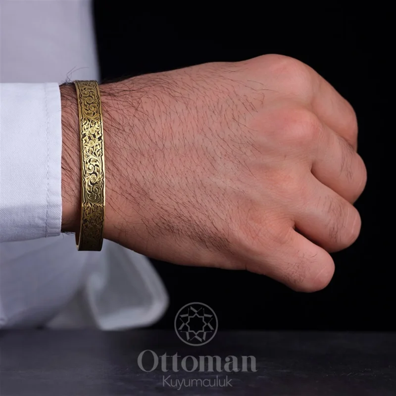 Gravür Gümüş Erkek Kelepçe Bileklik Gold Kaplama