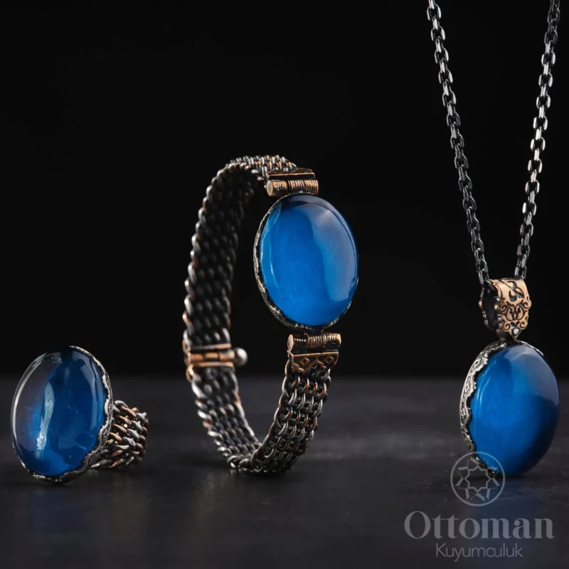 gumus-kehribar-tasli-3-lu-orme-set--4ccd- Kehribar Taşlı Üçlü Örme Gümüş Kadın Set