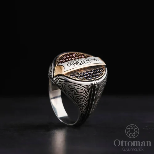 Hasbiyallah Yazılı Çift Renkli Özel Tasarım Gümüş Erkek Yüzük