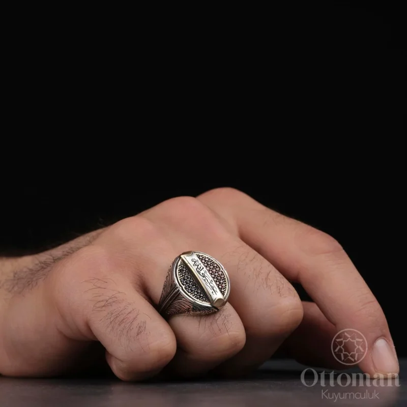 Hasbiyallah Yazılı Çift Renkli Özel Tasarım Gümüş Erkek Yüzük