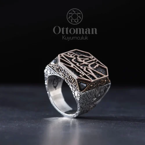 Hasbiyallah Yazılı Mikro Taşlı Gümüş Erkek Yüzük