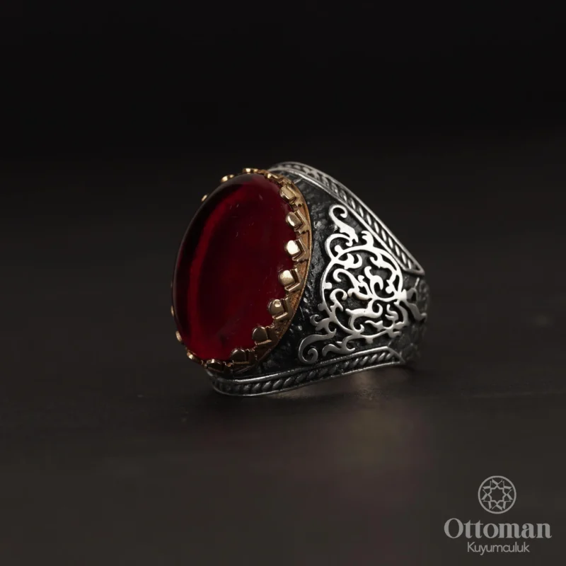 Kırmızı Ateş Kehribar Taşlı Gümüş Erkek Yüzük