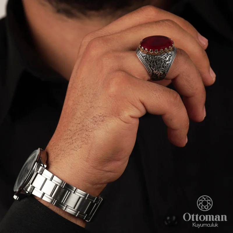 Kırmızı Ateş Kehribar Taşlı Gümüş Erkek Yüzük