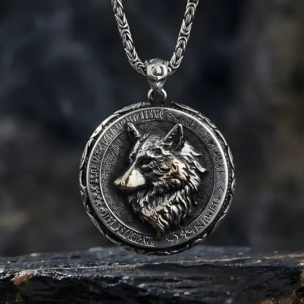 Wolf-Figured Silver Medallion Necklace
