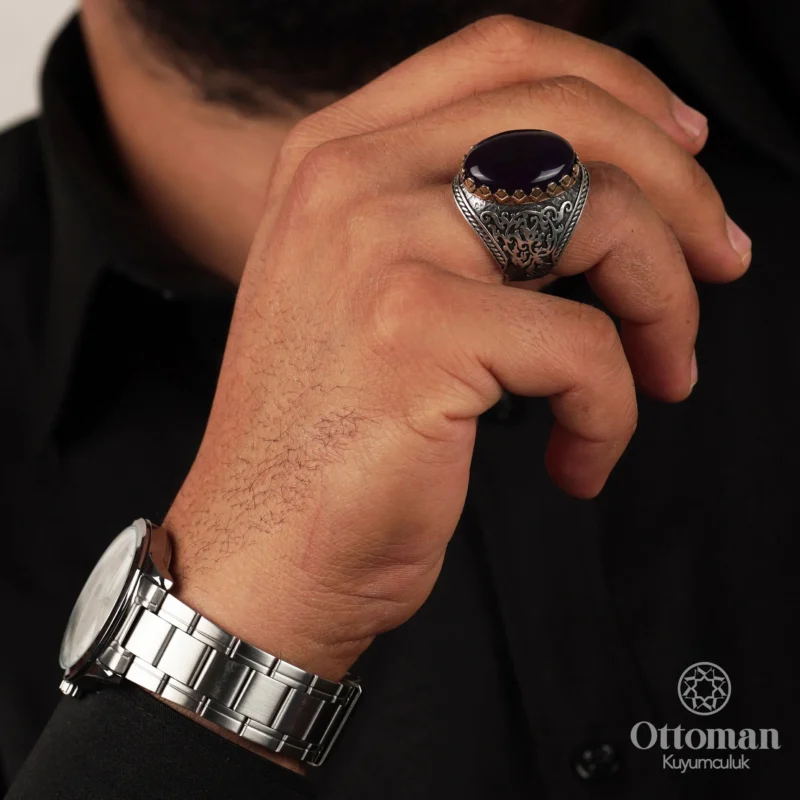 Lacivert Ateş Kehribar Taşlı Gümüş Erkek Yüzük