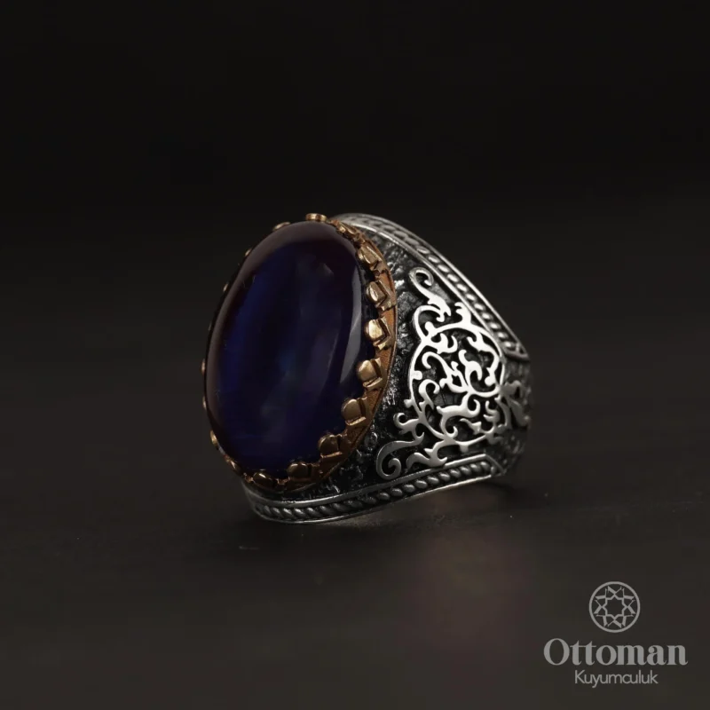 Lacivert Ateş Kehribar Taşlı Gümüş Erkek Yüzük