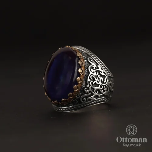 Lacivert Ateş Kehribar Taşlı Gümüş Erkek Yüzük