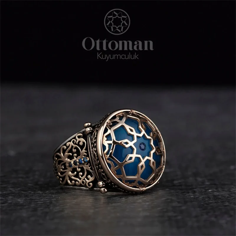 Nun Kafesli Lacivert Taşlı Gümüş Erkek Yüzük
