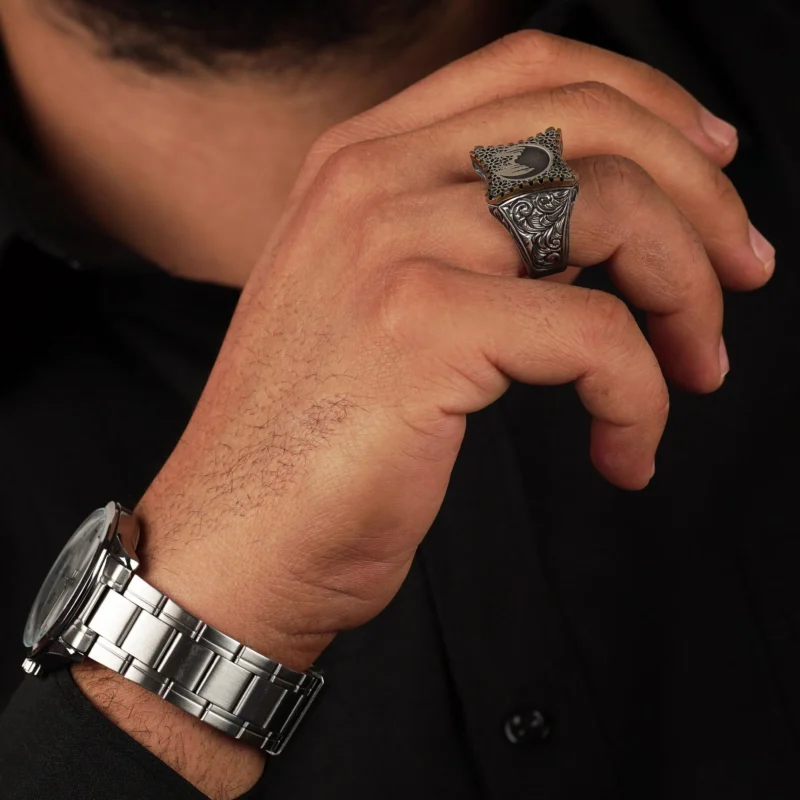 Gravür Desenli Camii Model Gümüş Erkek Yüzük