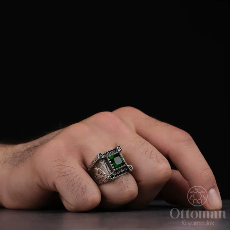 Yeşil Zirkon Gümüş Erkek Yüzük