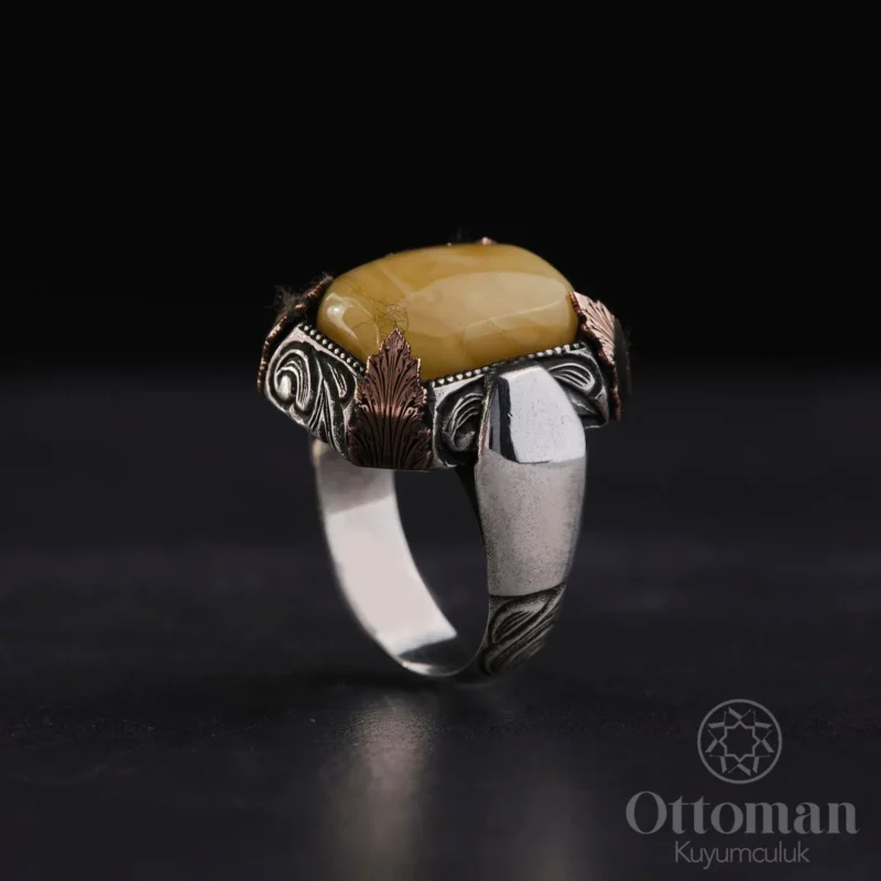ozel-tasarim-suleyman-muhru-gumus-zihg–a5f9- Doğal Taş Damla Kehribar Gümüş Erkek Yüzük