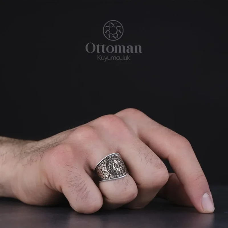 Sade Gravür Desenli Süleyman Mührü Gümüş Erkek Yüzük