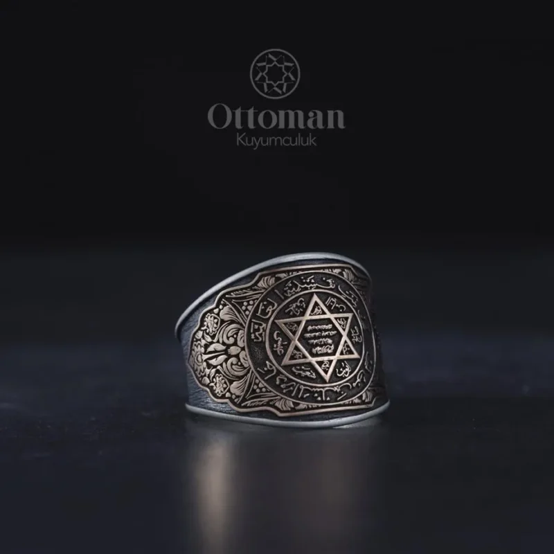 Sade Gravür Desenli Süleyman Mührü Gümüş Erkek Yüzük