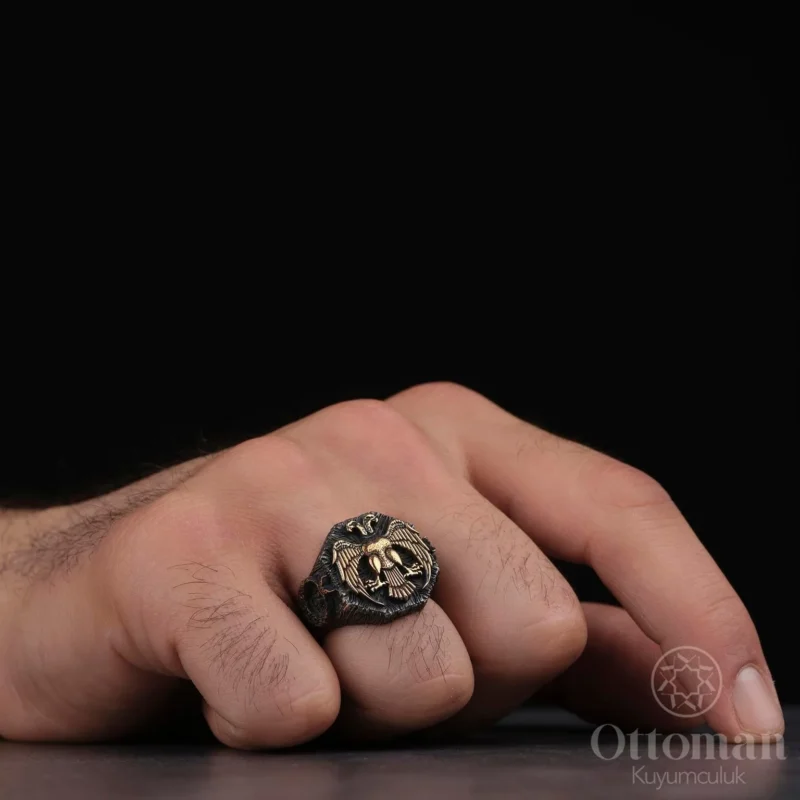 Sade Tasarım Çift Başlı Kartal Gümüş Erkek Yüzük