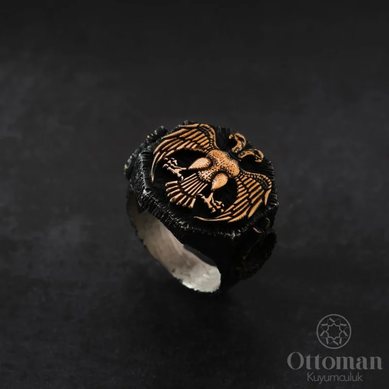 Sade Tasarım Çift Başlı Kartal Gümüş Erkek Yüzük