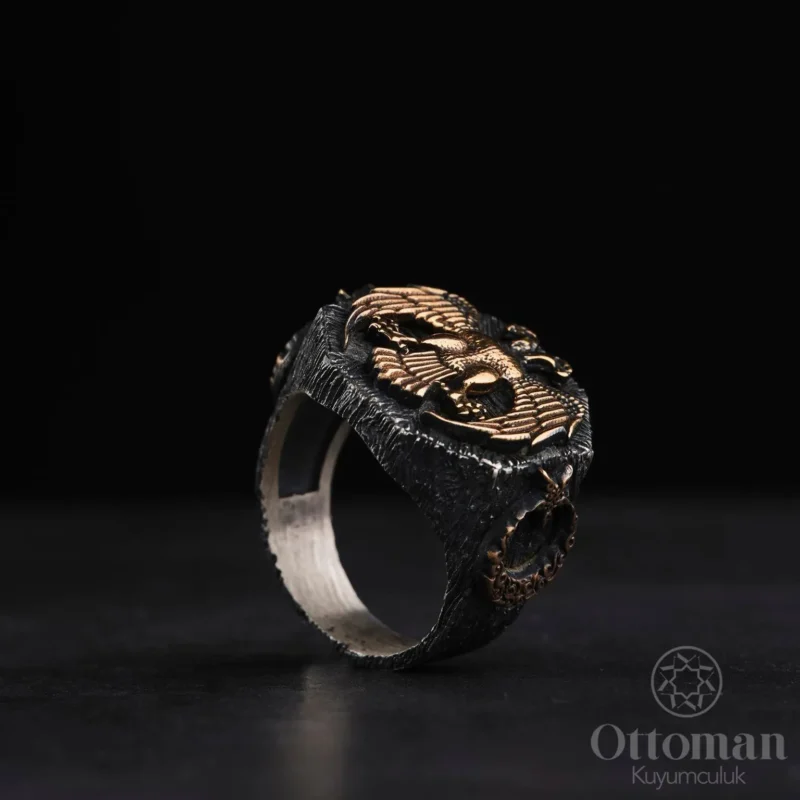 Sade Tasarım Çift Başlı Kartal Gümüş Erkek Yüzük