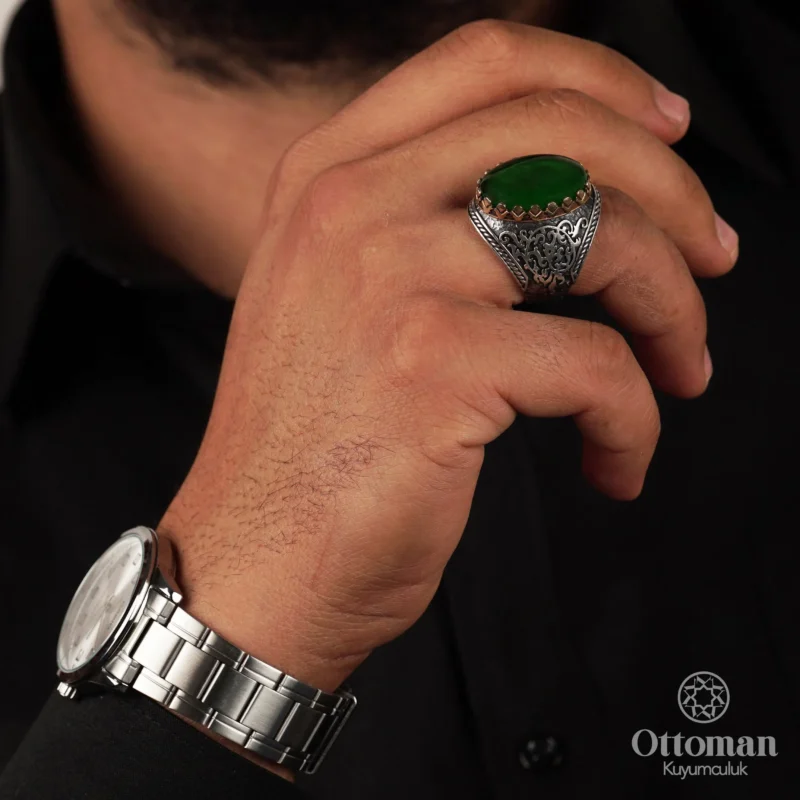 Yeşil Ateş Kehribar Taşlı Gümüş Erkek Yüzük