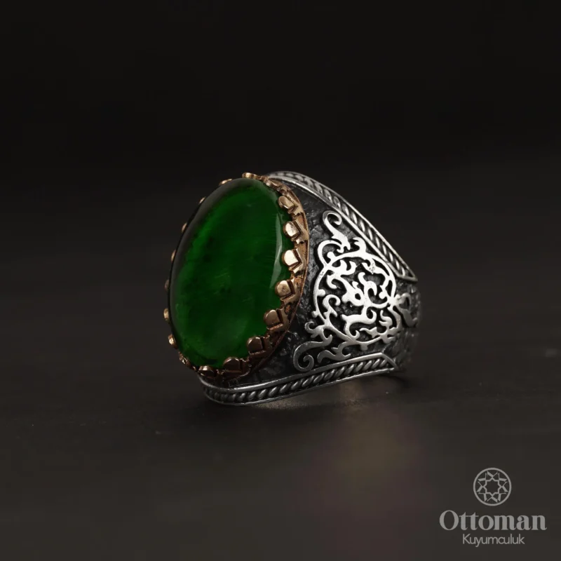 Yeşil Ateş Kehribar Taşlı Gümüş Erkek Yüzük