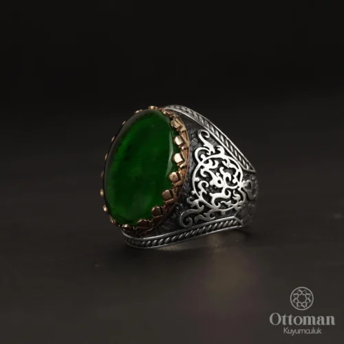 Yeşil Ateş Kehribar Taşlı Gümüş Erkek Yüzük