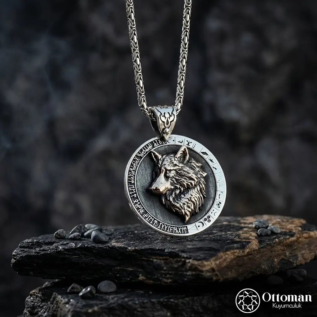 Grey Wolf Figured Silver Men's Necklace