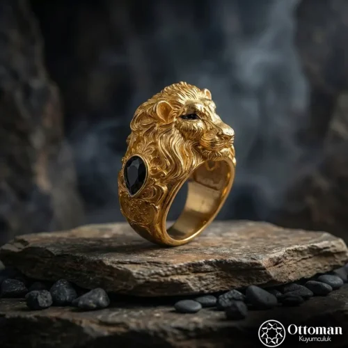 Aslan Figürlü Gold Kaplama Gümüş Erkek Yüzük