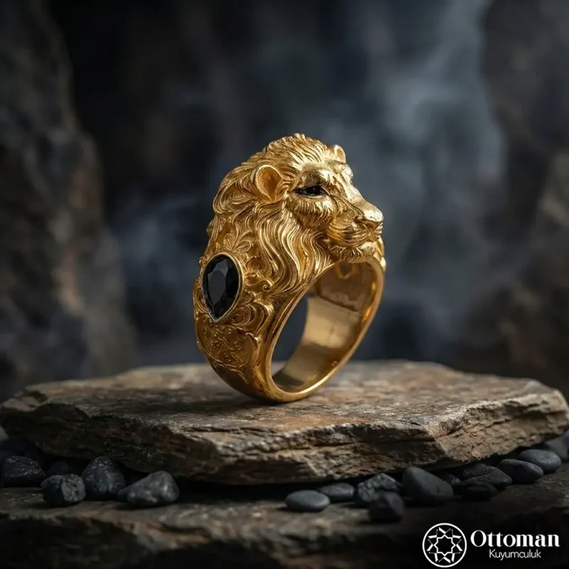 Aslan Figürlü Gold Kaplama Gümüş Erkek Yüzük