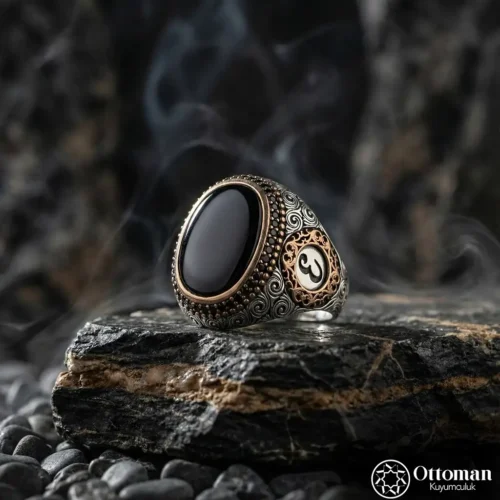 Kehribar Taşlı Gümüş Erkek Yüzük