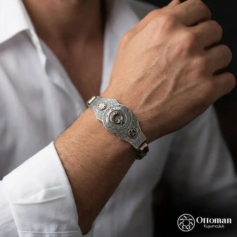 16 Türk Devleti Motifli Gümüş Erkek Bileklik