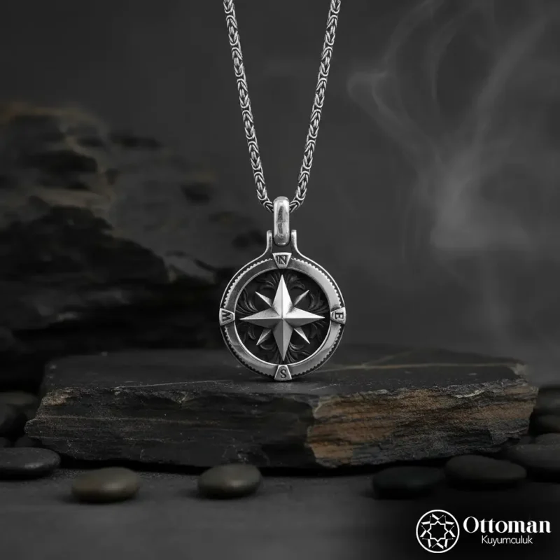 Pusula Madalyon Gümüş Erkek Kolye