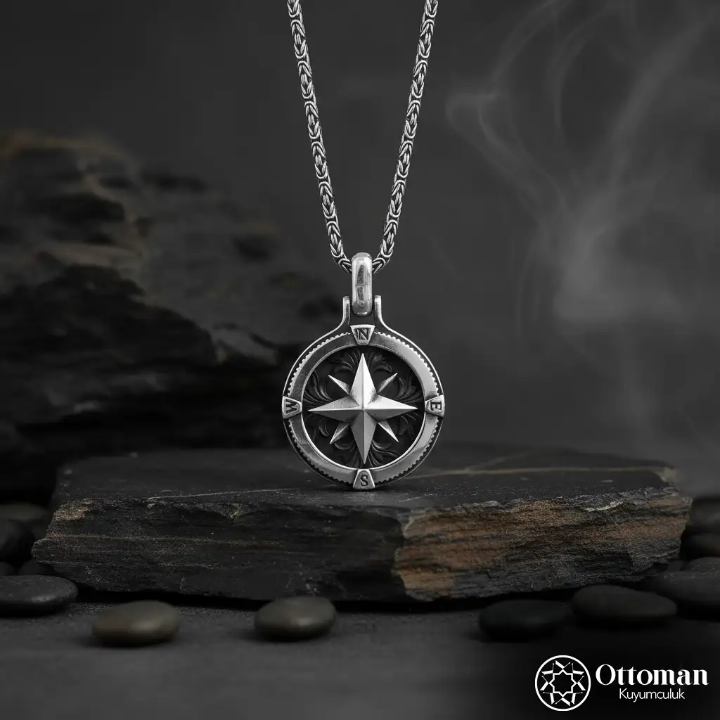 Pusula Medallion Silver Men's Necklace